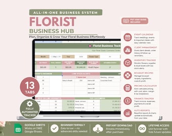 Florist Business Tracker Spreadsheet | Floral Business Planner | Flower Shop Management Template | Google Sheets & Excel
