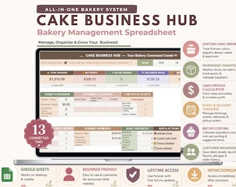 Bakery Business Planner Spreadsheet | Cake Pricing Calculator | Bakery Order Tracker Template
