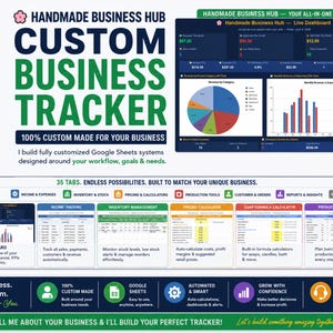 May include: A digital business tracker for Google Sheets featuring a live dashboard with revenue charts, income tracking, inventory management, pricing calculators, and a production planner. The interface includes 35 tabs for business organization.