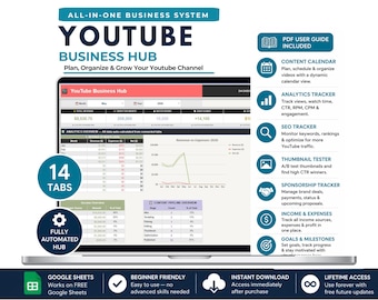 YouTube Business Hub Spreadsheet | Content Planner, Analytics, SEO Tracker (Digital Download)