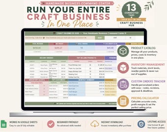 Op de afbeelding: Een digitaal spreadsheet op een laptopscherm met de titel Handmade Business Command Center, met 13 verbonden tabbladen voor het bijhouden van omzet, winst, bestellingen en voorraad. De interface bevat secties voor recente bestellingen, topproducten en maandelijkse overzichten.