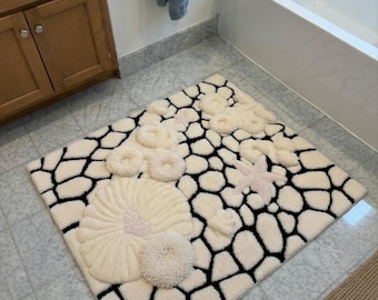 Alfombra 3D de conchas marinas y estrellas de mar tejida a mano, tapete de baño texturizado inspirado en el océano, decoración costera de pelo alto y bajo, alfombra de área de conchas única hecha a mano