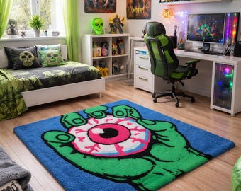 Handmade Tufted Zombie Hand Eyeball Rug, Custom Horror Pop Art Area Rug, Unique Gamer Decor Gift, Pop Art Tufted Carpet, Unique Gothic Home