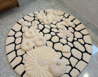 Alfombra 3D de guijarros y conchas tejida a mano, alfombra circular con textura personalizada para decoración costera, alfombra de baño de forma orgánica inspirada en la naturaleza.