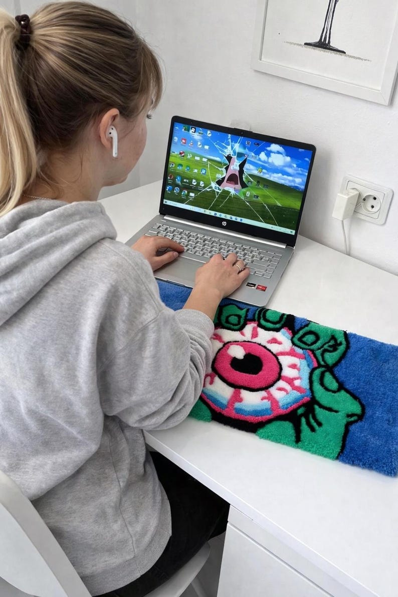 May include: A blue rectangular rug with a cartoon eye design. The eye has a pink iris, white sclera, and green and blue accents. A laptop with a cracked screen is in the background.
