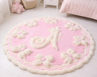 Coquette Aesthetic Tufted Rug with Bows, Personalized Letter, A Round Pink Carpet, Custom Initial Rug for Girl Room, Soft Nursery Decor