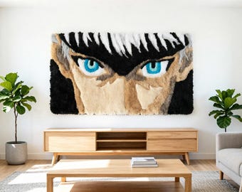Alfombra Satoru Gojo con mechones, alfombra de anime hecha a mano de Jujutsu Kaisen, decoración de pared de Gojo de seis ojos, alfombra inspirada en el manga, regalo para fans del anime.