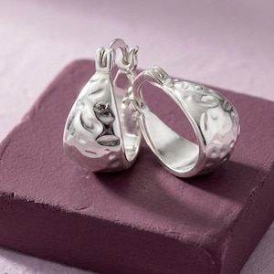 Chunky Teardrop Hoop Earrings, Hammered Texture Silver Finish, Bold Dangle Hoops