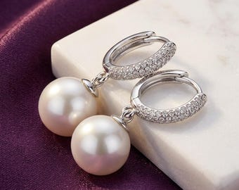 Pearl Drop Hoop Earrings, Sterling Silver Huggies With Pavé CZ Band