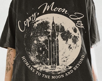 Retro Copy Moon Joy Quote Shirt Lunar Graphic Tee Minimal Space Design Gift For Women Trend Inspired Night Sky Fashion Statement