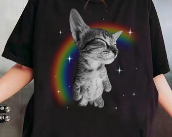 Rainbow Cat Shirt, Funny Wholesome Meme Tshirt, Aesthetic Y2K Cat Lover Gift, Retro Space Cat Tee, Cute Happy Kitten Rainbow Shirt