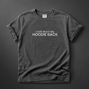 Puede incluir: Camiseta gris oscuro con mangas enrolladas. Presenta el texto blanco "I Still Want My HOODIE BACK". La camiseta está hecha de un material suave y cómodo.