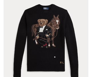 Polo Ralph Lauren Black Wool Sweater – Hand-Knit Tuxedo Bear Equestrian Jumper