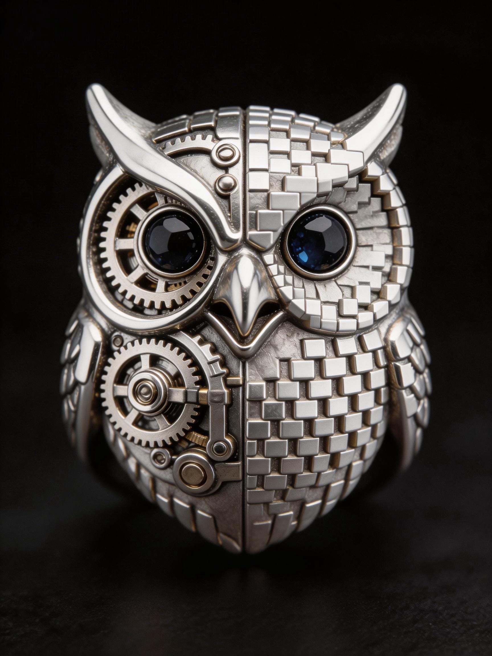 Steampunk Pixel Owl Ring &ndash; Geometric Mosaic Sterling Silver Ring, Mechanical Animal Design, Cu