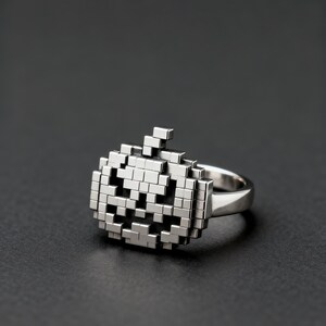 Anillo personalizado Pixel Pumpkin en plata de ley, alianza con mosaico, joyería gótica geométrica, personalización con foto, grabado gratuito.