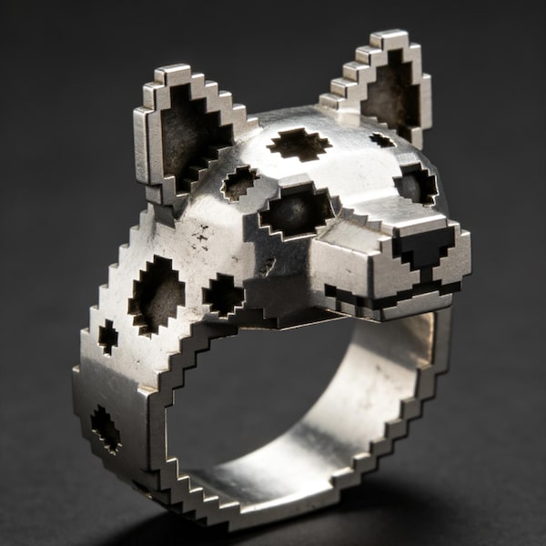 Pixel hyena-ring – sterlingzilver geometrisch dier, post-apocalyptische statement sieraden