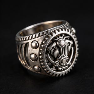 May include: Silver-toned ring with a detailed engine design. The ring features a gear-like outer band and a central engine motif, showcasing pistons and mechanical elements. The ring has a vintage, industrial aesthetic.