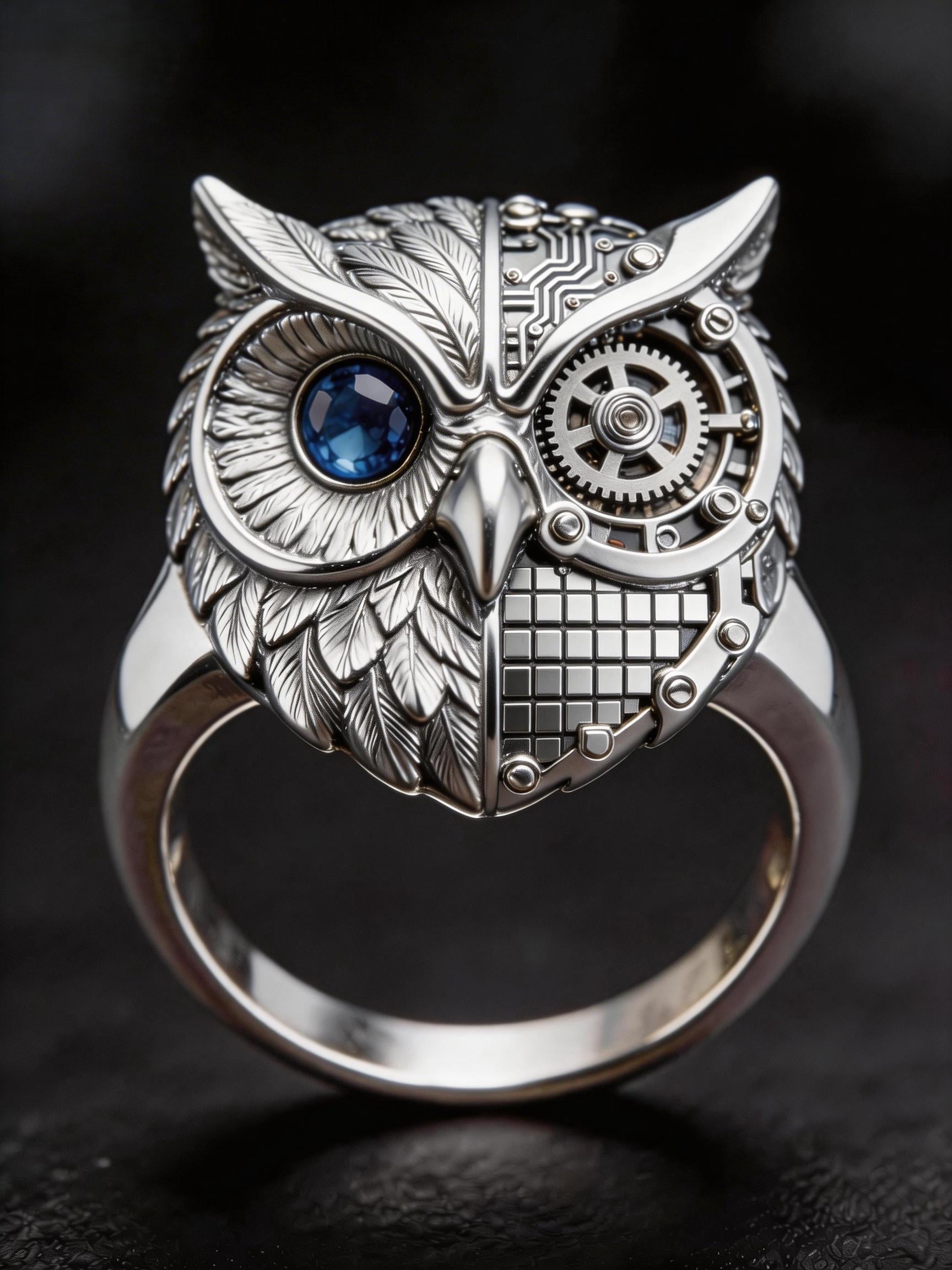 Steampunk Mosaic Owl Ring &ndash; Geometric Pixel Sterling Silver Ring, Mechanical Animal Design, Cu