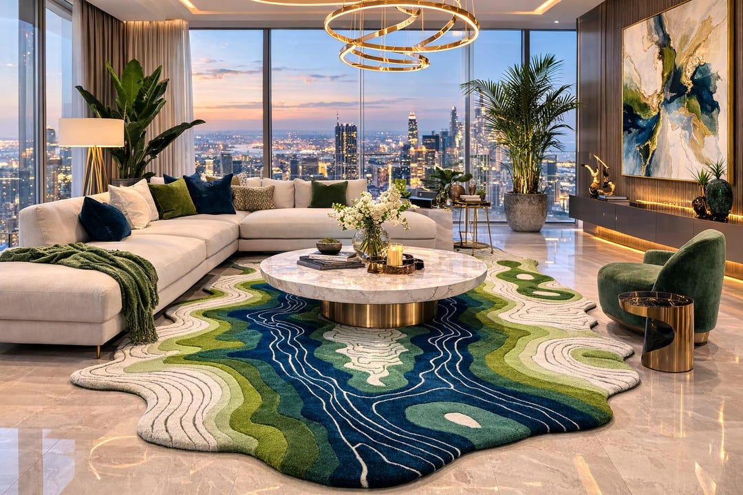Luxury Abstract River Flow Hand-tufted Wool Rug – Green, Blue & Ivory ...