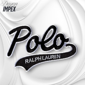 May include: Black and white embroidered Polo Ralph Lauren logo patch. The word "Polo" is in a script font, and "Ralph Lauren" is below it. The patch is on a white background.