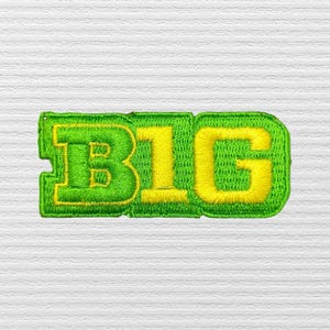 May include: Embroidered patch featuring the word "BIG" in yellow letters with a green outline and background. The patch has a rectangular shape with rounded corners and is likely designed to be sewn or ironed onto fabric.