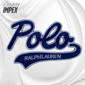 May include: A navy blue embroidered patch with the word "Polo" in a stylized font, and "RALPH LAUREN" below. The patch has a white border and is set against a white background.
