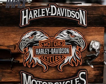 Harley Davidson Double Eagle Patch Set with Rocker Orange – Iron-On Sew-On Embroidered Biker Patches
