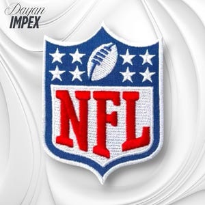 May include: Embroidered NFL patch featuring the league's logo. The patch has a blue shield shape with white stars and a football. The letters "NFL" are in red with a white border. The brand name "Dayan IMPEX" is in the upper left corner.