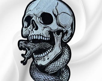 Skull Snake Embroidered Patch: Large Gothic Biker Jacket Back Applique (4" x 6.75")