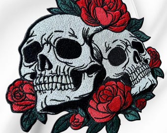 Skull Rose Embroidered Patch: 7" Gothic Biker Jacket Vest Applique