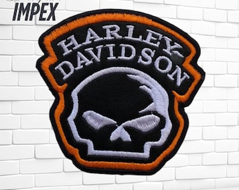 Harley-Davidson Skull Patch White & Orange 3.5" Embroidered Biker Jacket Vest Patch
