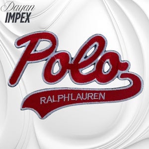 May include: Embroidered red "Polo" patch with white trim and the "RALPH LAUREN" text below. The patch has a curved shape and is set against a white background. The logo is a classic design.
