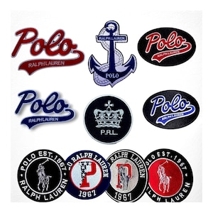May include: A collection of embroidered patches featuring the "Polo Ralph Lauren" logo. Designs include the word "Polo" in various fonts and colors, an anchor, a crown, and the iconic polo player. Some patches include the text "EST. 1967".