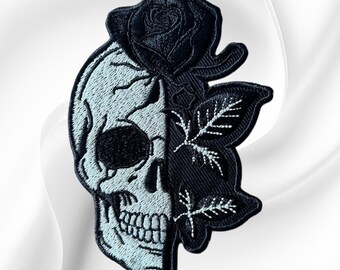 Gothic Skull Flower Embroidered Patch: 5" Black White Biker Jacket Vest Iron-On Sew-On