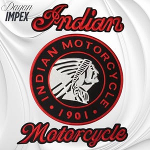 May include: Embroidered patch featuring the words "Indian Motorcycle" in red script. The central design is a black circle with a red border, containing a Native American profile in white and the text "Indian Motorcycle 1901".