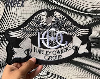 Harley Style HOG Heritage Eagle Patch 10.5" Silver – Iron-On Sew-On Embroidered Biker Patch