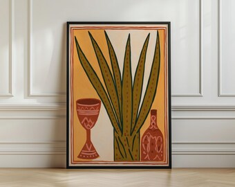 Folk Art Snake Plant Poster, Botanical Wall Art Print, Terracotta Earthy Tones, Boho Still Life, Eclectic Home Decor, Maximalist Room Print