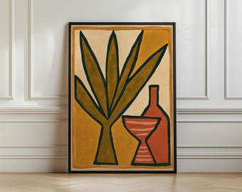 Folk Art Plant and Terracotta Vase Poster, Earthy Botanical Wall Art, Mustard Ochre Rust Home Decor, Boho Still Life Print
