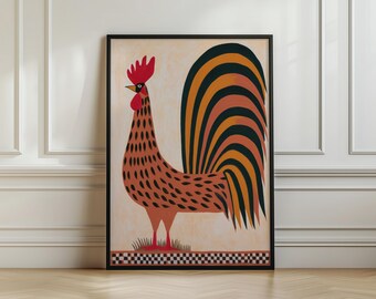 Folk Art Rooster Poster, Cockerel Wall Art Print, Rustic Farmhouse Decor, Terracotta Black Gold Bird, Kitchen Wall Art, Country Home Print