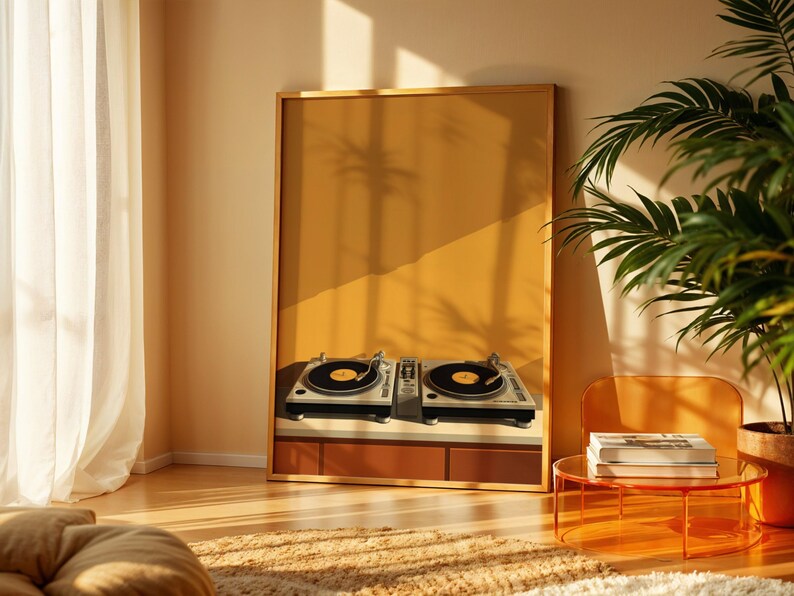 A framed turntable wall art print rests on the floor in a sunlit room with potted plants and sheer curtains.
