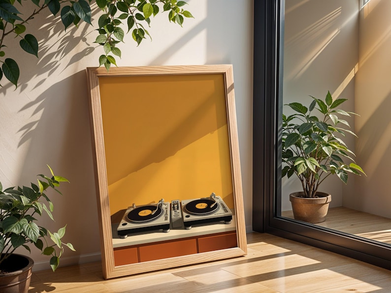 A framed turntable poster leans on wooden flooring near a glass sliding door and green houseplants.