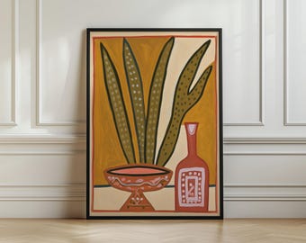 Folk Agave tequila Poster, Botanical Wall Art Print, Terracotta Vase, Earthy Mustard Green Living Room Decor, Boho Still Life