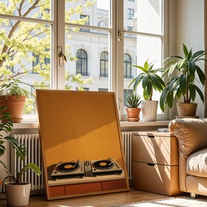 A large art print of DJ equipment leans against a sunny window ledge in a living room with plants and a sofa.