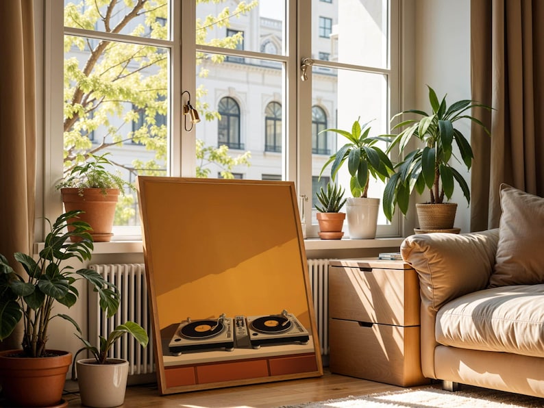 A large art print of DJ equipment leans against a sunny window ledge in a living room with plants and a sofa.
