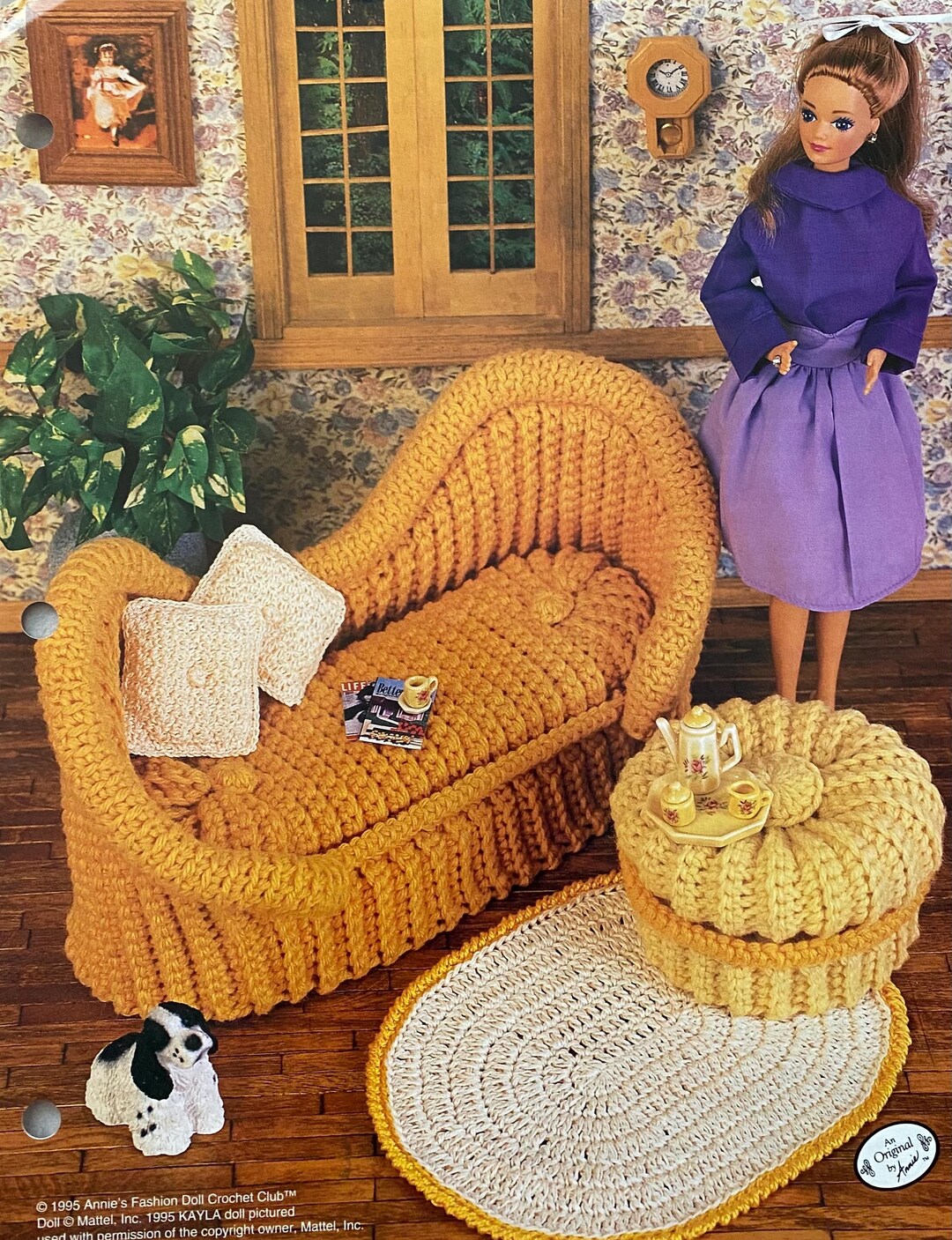 Settee Rug With Pattern Vintage Doll Furniture Crochet Patterns | French Settee, Rug, Footstool ...
