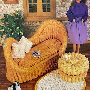 Vintage Puppenmöbel Häkelanleitungen | Französisches Sofa, Teppich, Fußschemel (PDF-Muster)
