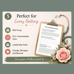 Pode incluir: Uma prancheta com um documento intitulado "Unit Leadership Synthesis" &eacute; exibida, acompanhada de um estetosc&oacute;pio e uma rosa rosa. A imagem inclui o texto: "Perfect for Every Setting" e "One system. Endless impact."