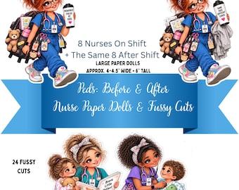 Pediatric Nurse Clipart Digital Download, Peds Nurse Paper Dolls & Fussy Cuts, Printable Scrub Life Stickers, Nurse Journaling Art