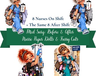 Med Surg Nurse Clipart Digital Download, Medical Surgical Paper Dolls & Fussy Cuts, Printable Scrub Life Stickers, Nurse Journaling Art