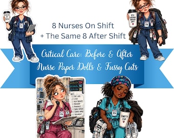 CCU Nurse Clipart Digital Download, Critical Care Paper Dolls & Fussy Cuts, Printable Scrub Life Stickers, Nurse Journaling Art